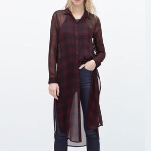 ZARA Long Plaid Sheer Button Down — Size S, Plaid
